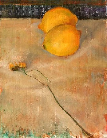 Painting of Still life with two lemons and a wild flower