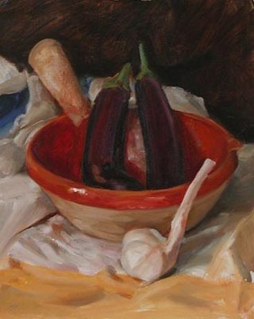 Still life with Aubergines and Garlic