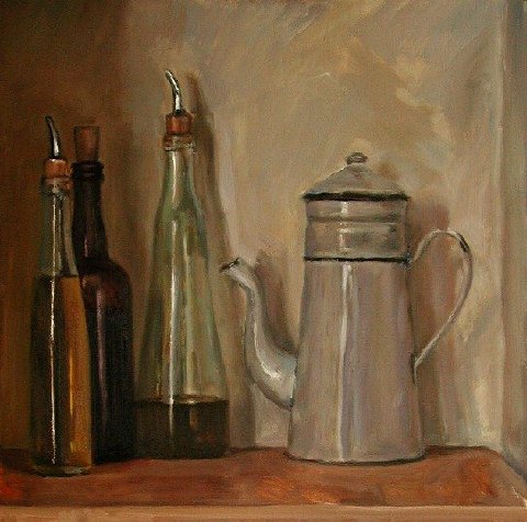Painting of Still life with cafetiere and bottles