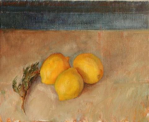 Painting of Still life with three lemons and a rosemary sprig