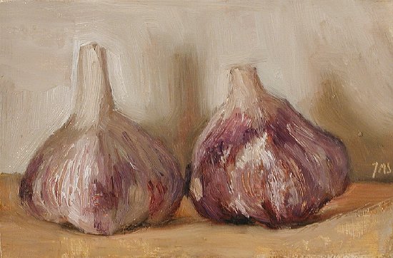Painting of Still life with new season garlic