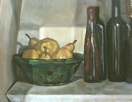 Painting of Still life with bottles and bowl