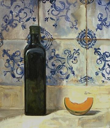 Painting of Still life with bottle and melon
