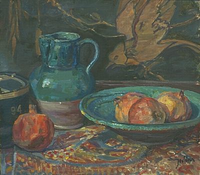  Still Life Painting of Green Bowl with Pomegranites