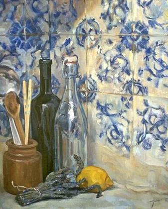 Painting of Still Life with Lemon, Lavender and Bottles
