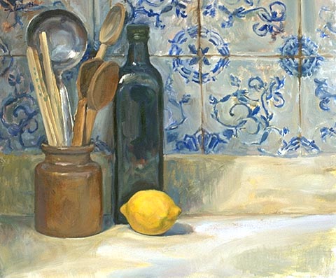 Painting of Still Life with Lemon, Lavender and
Bottles